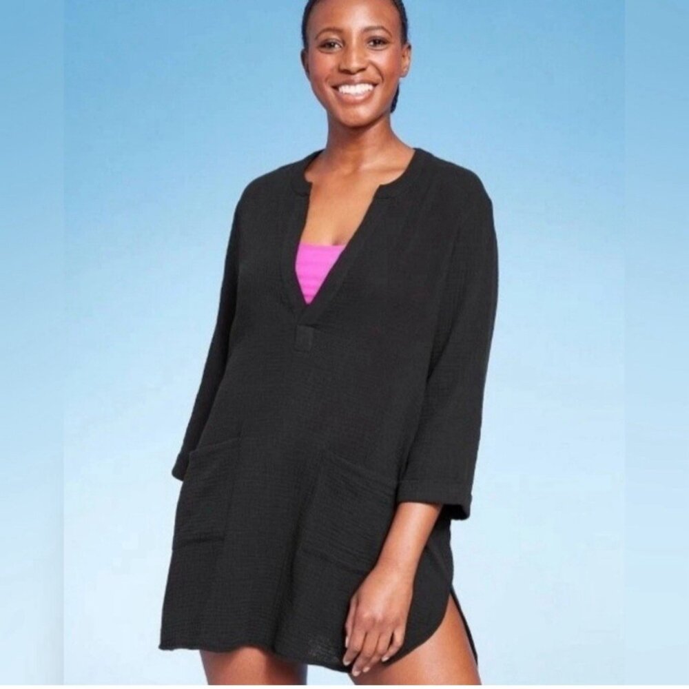 NEW Kona Sol Large (12-14) Tunic Swim Cover Up Black 100% Cotton Cruise Beach